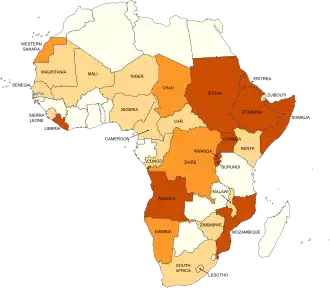 Africa's wars and conflicts, 1980–96 &nbsp;&nbsp;Major wars/conflicts (>100,000 casualties) &nbsp;&nbsp;Minor wars/conflicts &nbsp;&nbsp;Other conflicts