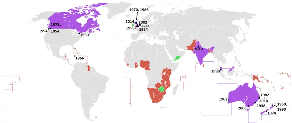 Locations of the games, and participating countries