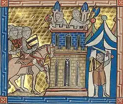 A group of knights and an armed foot soldier at a fortified town, defended by two armed men
