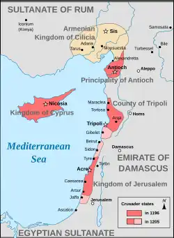 A map showing the polities of the Eastern Mediterranean, and the territorial expansion of the Crusader states between 1197 and 1205