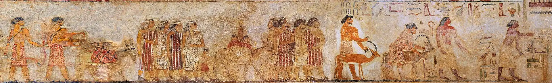 A group of West Asiatic foreigners, possibly Canaanites, labelled as Aamu (ꜥꜣmw), including the leading man with a Nubian ibex labelled as Abisha the Hyksos (𓋾𓈎𓐰𓈉, ḥqꜣ-ḫꜣsw, Heqa-kasut for "Hyksos"). Tomb of 12th-dynasty official Khnumhotep II, at Beni Hasan (c. 1890 BC).[238][239][240][241]