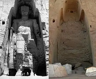 Taller Buddha of Bamiyan, c. 547 CE, in 1963 and in 2008 after they were dynamited and destroyed in March 2001 by the Taliban in Afghanistan