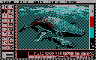 PCPaint in 320&nbsp;×&nbsp;200 3rd palette low intensity, showing a typical low resolution interface. Note the use of dithering to overcome the CGA palette limitations
